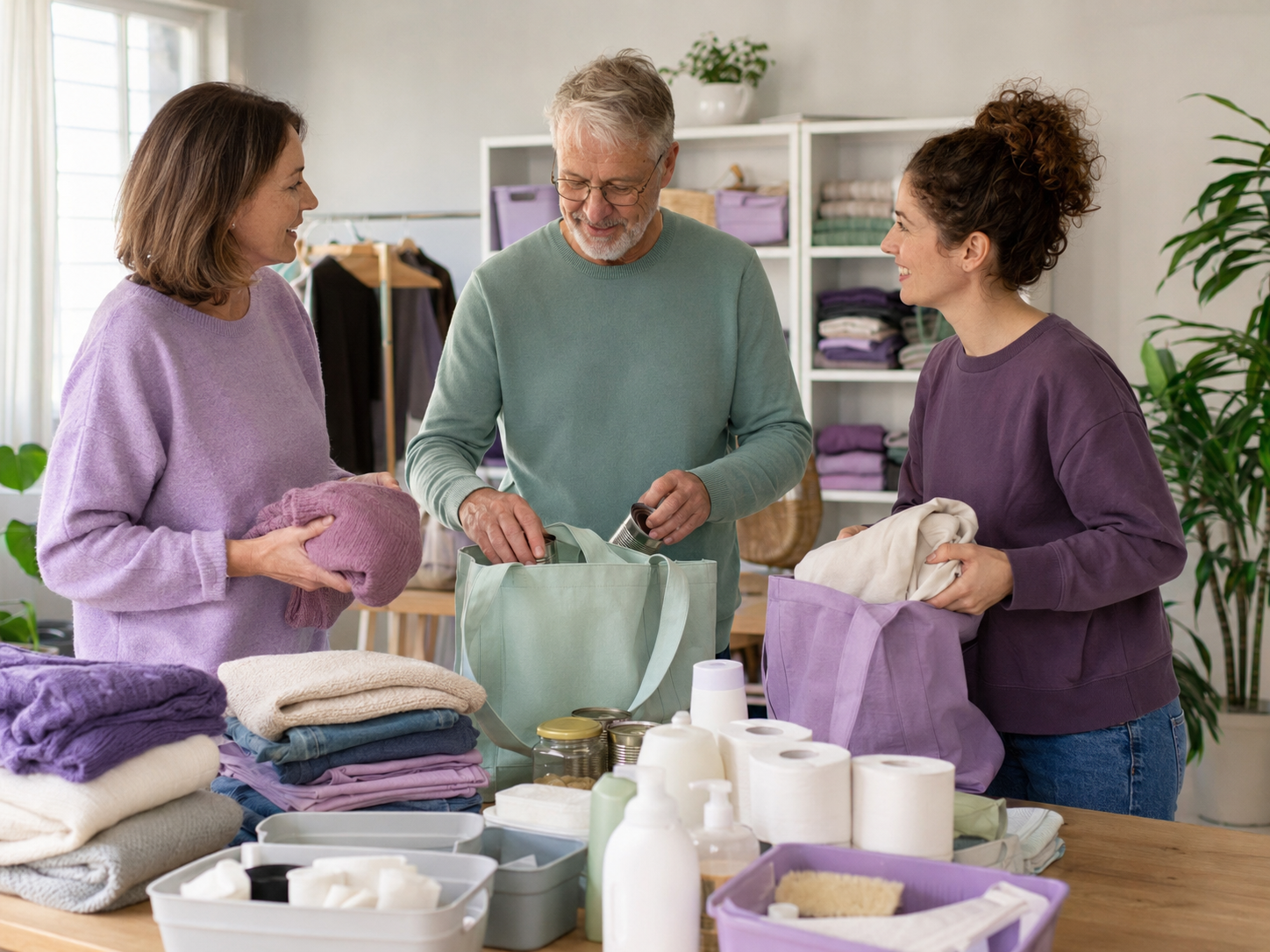 Voluntarios europeos preparan ropa y suministros para donar